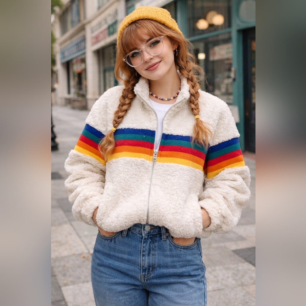 Paper Crane Cream Teddy Jacket with Rainbow Stripes